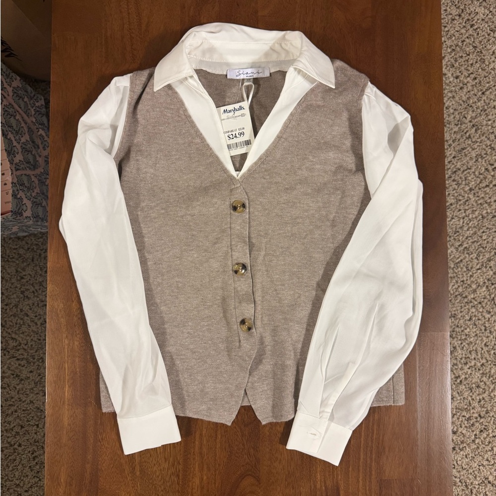 Sioni layered sweater vest button blouse